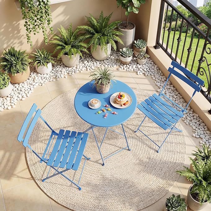 GarveeHome 3-Piece Foldable Bistro Set, Outdoor Patio Furniture with 2 Folding Chairs & 1 Table, Weather-Resistant Indoor/Outdoor Conversation Set for Patio, Blue