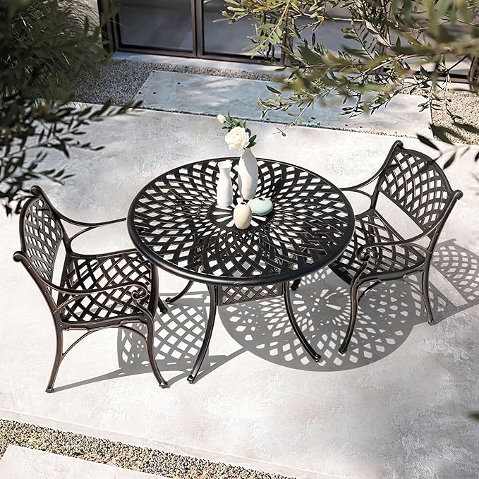 NUU GARDEN Cast Aluminum Outdoor Round Dining Table 42 Inch Patio Table with 2.24 Inch Umbrella Hole for Garden Backyard Balcony Black with Gold-Painted Edges