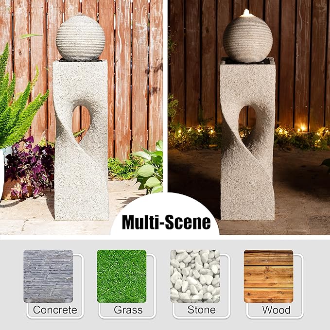 Glitzhome Outdoor Water Fountain, Outdoor Fountain with Pebbles, Pump and LED Light, 36.5" H Polyresin Modern Geometric Pedestal and Sphere Waterfall Fountain Water Feature for Garden, Patio, Yard