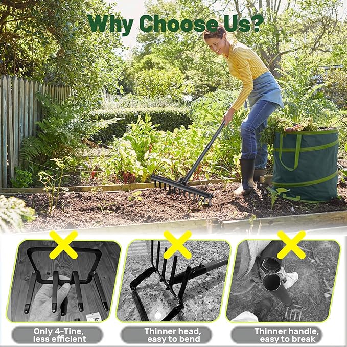 Garden Hoe & Stirrup Hoe, 2-in-1 Weed Puller Gardening Tools with 76" Heavy Duty Long Adjustable Handle, 12 Teeth Hula Garden Hoe with Rake for Weeding, Cultivating, Loosening Soil, Digging & Raking