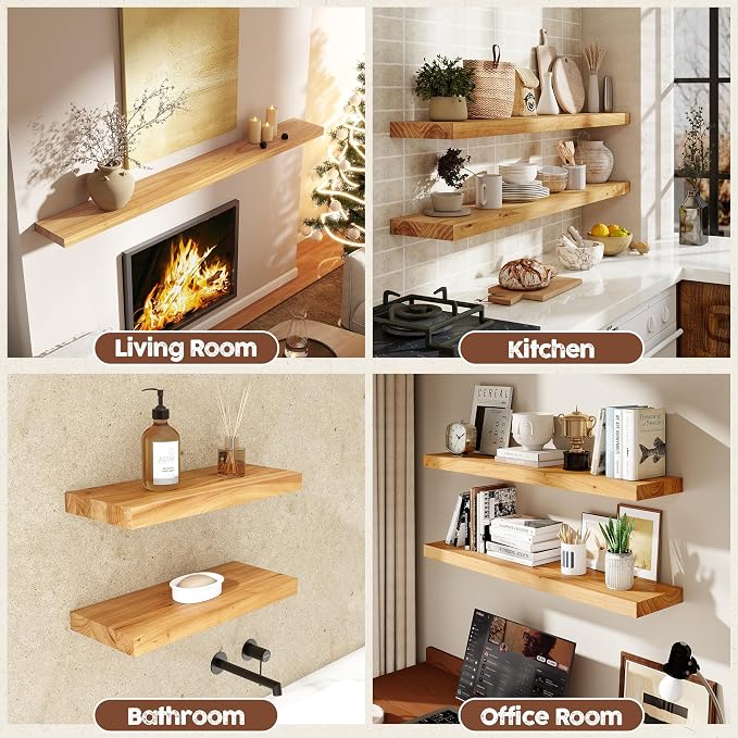 fuqing Floating Shelves for Wall, 20 Inch Rustic Solid Elm Wood Shelves