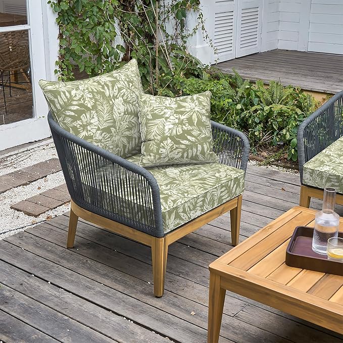 LVTXIII Outdoor Deep Seat Cushion Patio Seat and Back Cushion Set Seasonal Chair Cushion with Removable Cover and Adjustable Buckle for Home and Garden, 22"x22"x4",Tropical Leaf Green