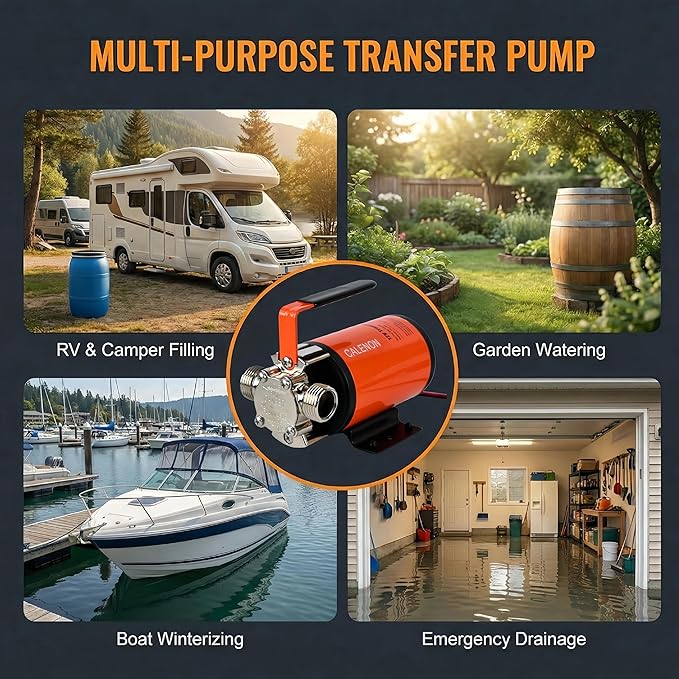 12V Water Transfer Pump, 330 GPH Portable DC Utility Pump with 6ft Suction Hose, Self-Priming Battery Powered Pump for Garden, Rain Barrel, RV Tank, Boat & Emergency Draining