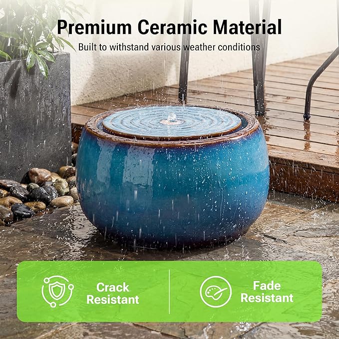 9-Inch Outdoor Water Fountain, Indoor Round Bubbler Water Feature with LED Light, Eastern Ceramic Waterfall Fountain, Classic Decor for Garden, Patio, Yard, Porch, Deck, Balcony in Blue