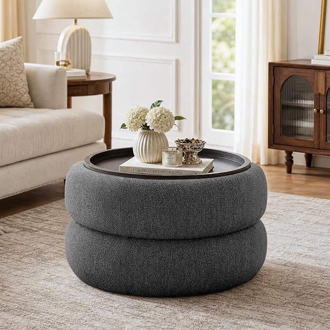 29.5" Round Storage Ottoman, Ottoman Coffee Table with Removable Wood Top | Upholstered Modern Boucle Ottoman with Storage for Living Room, Bedroom, Apartment, DarkGrey