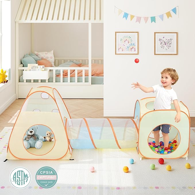 UTEX 3 in 1 Pop Up Play Tent with Tunnel, Ball Pit for Kids, Boys, Girls, Babies and Toddlers, Indoor/Outdoor Playhouse (3 in 1 with Suquare Tent)