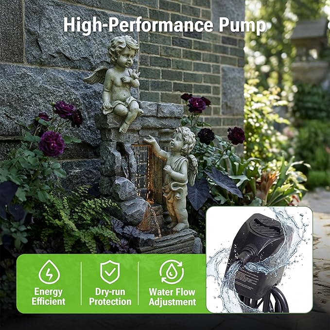 41-Inch Outdoor Water Fountain with Angels Statues, Cascading Stone-Look Resin Waterfall Fountain with 2 Warm LED Lights, Home Art Decor for Garden, Patio, Yard, Balcony, Deck, Lawn in White