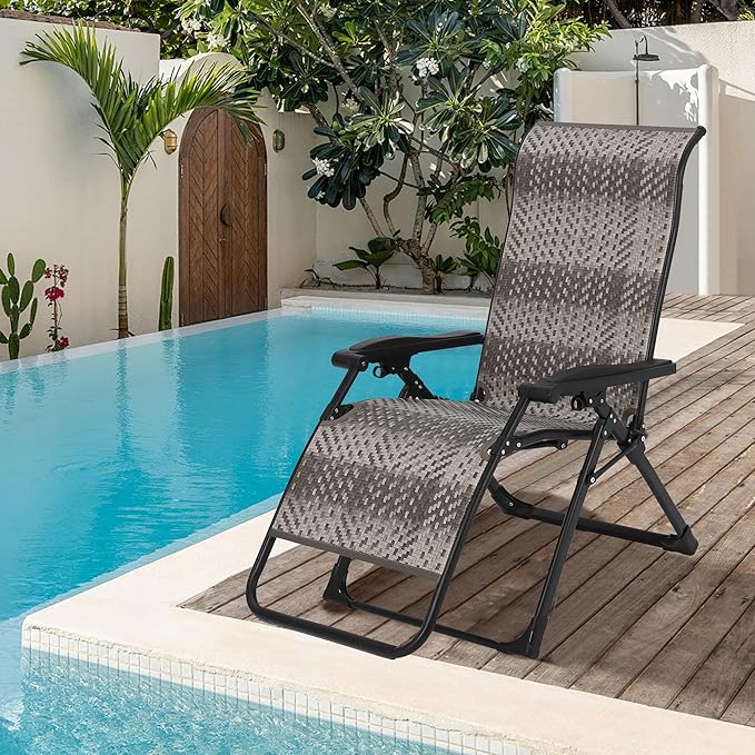 CuisinSmart 1 Pack Foldable Rattan Lounge Chairs, Patio Recliner Chair with Widened Armrest & Heavy Duty Wicker, Portable Patio Lounge Chair for Indoor, Poolside, Balcony, Backyard, Garden