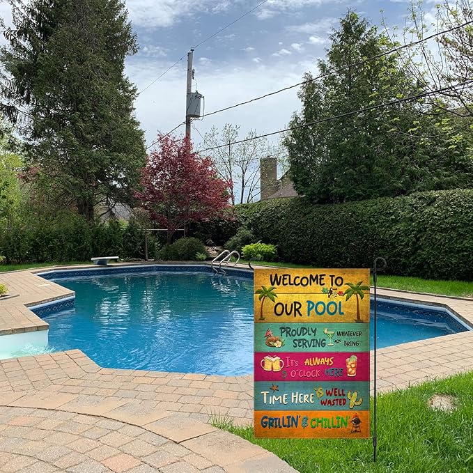 Snycler Welcome To Our Pool Garden Flag, 12.5x18" Party Decorations, Summer Decor, Outdoor Beach Bar Pub Porch Patio Deck Backyard Poolside Decor Outside