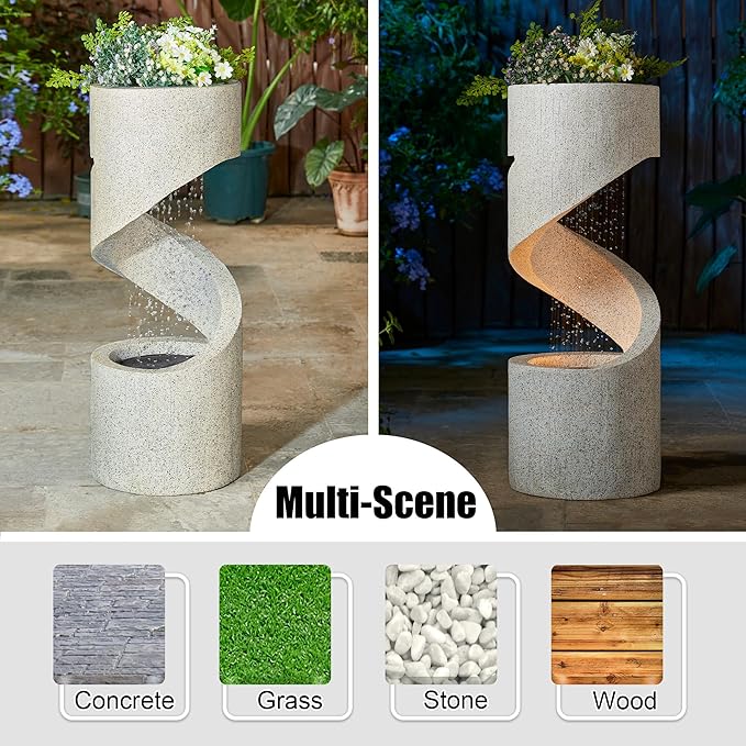 Glitzhome Outdoor Water Fountain, 31.25" H Modern Faux Terrazzo Spiral Shaped Outdoor Fountain with Pump and LED Lights,Polyresin Waterfall Fountain Water Feature for Garden, Patio, Porch Decor
