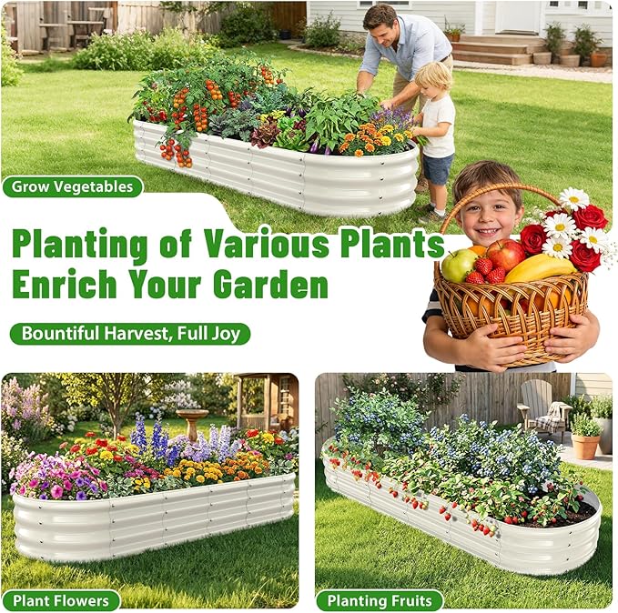 Oval Raised Garden Bed, 6 x 2 x 1FT, Galvanized Steel Planter Box with Wave-Shaped Metal Panels Painted for Outdoor Flower,Tree,Herb & Vegetable Garden (White, 72X24X12 inches)