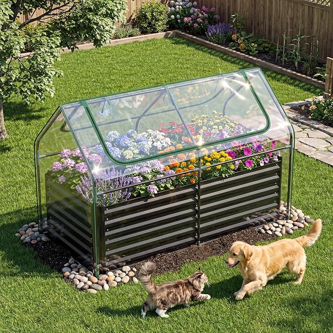 HAPPYGRILL Raised Garden Bed with Cover, Planter Boxes Outdoor w/Mini Greenhouse, 2 Roll-up Windows & Open-Ended Base, Metal Growing Raised Bed for Vegetables (Black, 71” x 36” x 48”)
