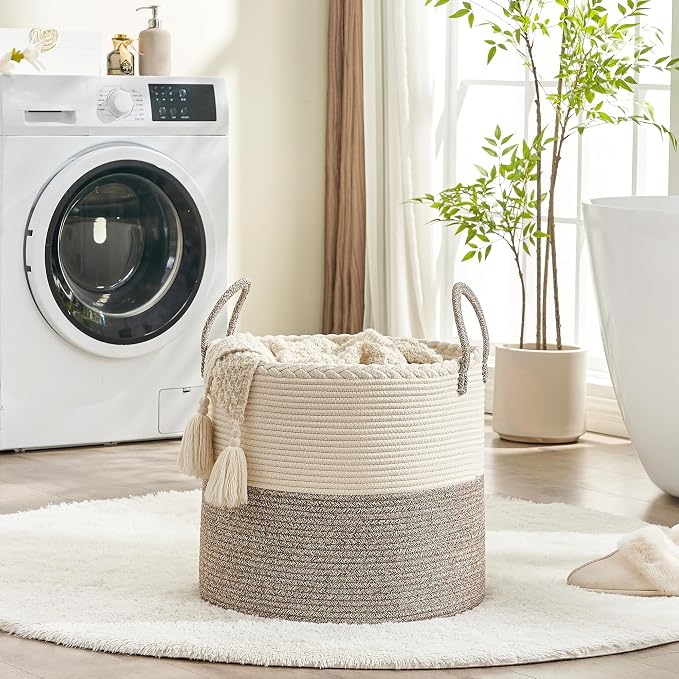 KAKAMAY Large Blanket Basket (18"x18"x16"),Woven Baby Laundry Hamper for Storage, Cotton Rope Blankets Baskets for Nursery, Laundry, Living Room, Pillows, Baby Toy chest with Handles (White/Beige)
