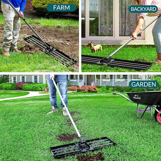 Walensee Lawn Leveling Rake, Levelawn Tool, Heavy Duty Effort Saving Lawn Level Tool, Steel Handle Lawn Leveler for Yard Garden Golf Course , Ease Level Soil Sand Dirt Surfaces, 7FT 45"x10"