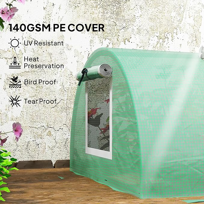 Outsunny 10' x 3' x 2' Mini Greenhouse with 5 Mesh Windows, Portable Plant Hot House with PE Cover, Steel Frame, for Garden Backyard, Green
