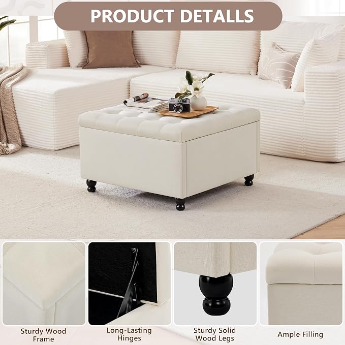 30" Large Square Ottoman with Storage, Fabric Ottoman Coffee Table, Beige | Tufted Upholstered Ottoman for Living Room, Oversized Square Storage Ottoman for Bedroom and Entryway, Solid Wood Frame