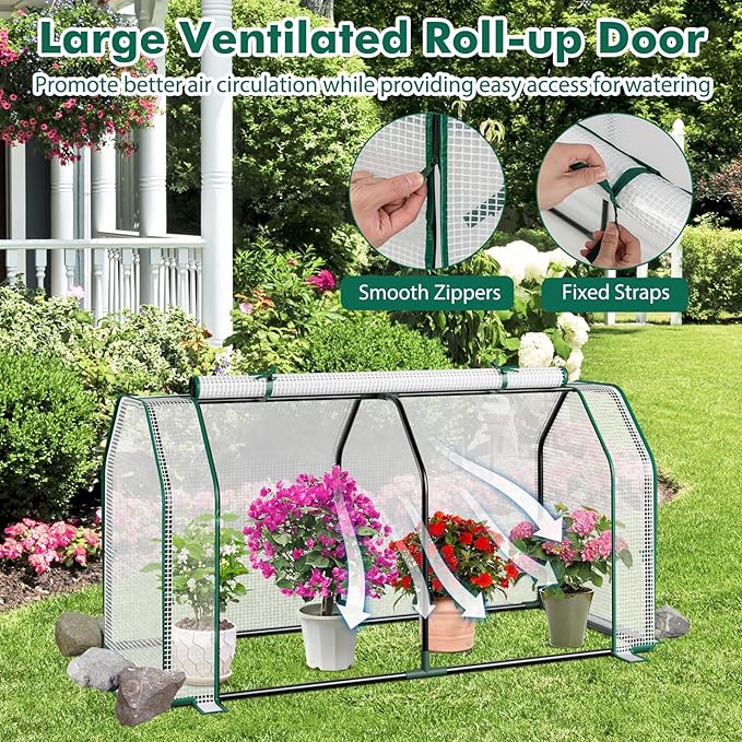 Happygrill Portable Mini Greenhouse w/Roll-up Zipper Door & All-Weather PE Cover, Outdoor & Indoor Greenhouse for Raised Garden Bed, Vegetables, Flowers, Patio, Lawn, Yard, Balcony