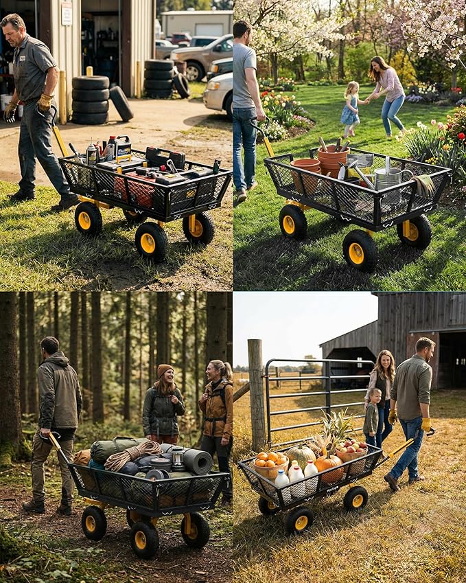 900 Lbs Heavy Duty Steel Garden Cart, Outdoor Metal Garden Wagon On Wheels, Utility Yard Cart with Mesh Removable Sides(Convert to Flatbed) and Removable Handle (to Wheel Barrow), Dark