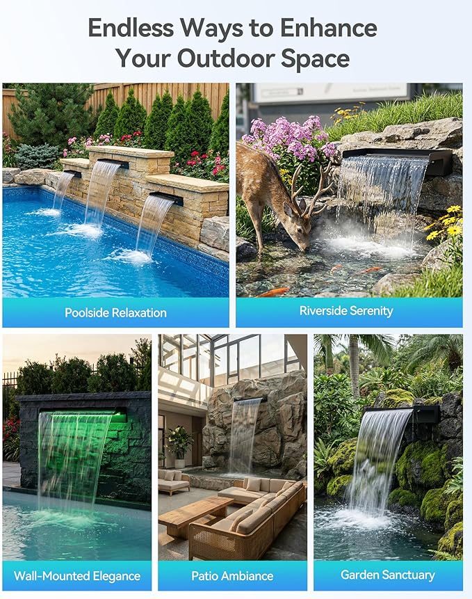 POPOSOAP Pond Waterfall Kit with Colorful LED Lights & 1200GPH Pond Pump, APP & Remote Control, Auto Timer, Pond Waterfall Spillway with 9.8FT Corrugated Tube for Pool, Garden, Patio, Backyard-P46D