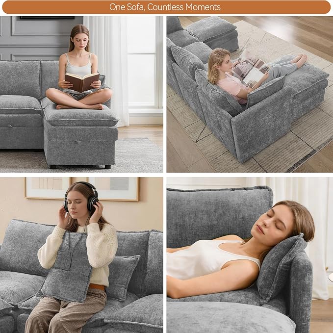 80" Modular L Shaped Storage Sofa with Ottoman, Cloud Sectional Sofa with Hidden Storage, Modern Chenille Couch with Ottoman for Living Room, Light Grey