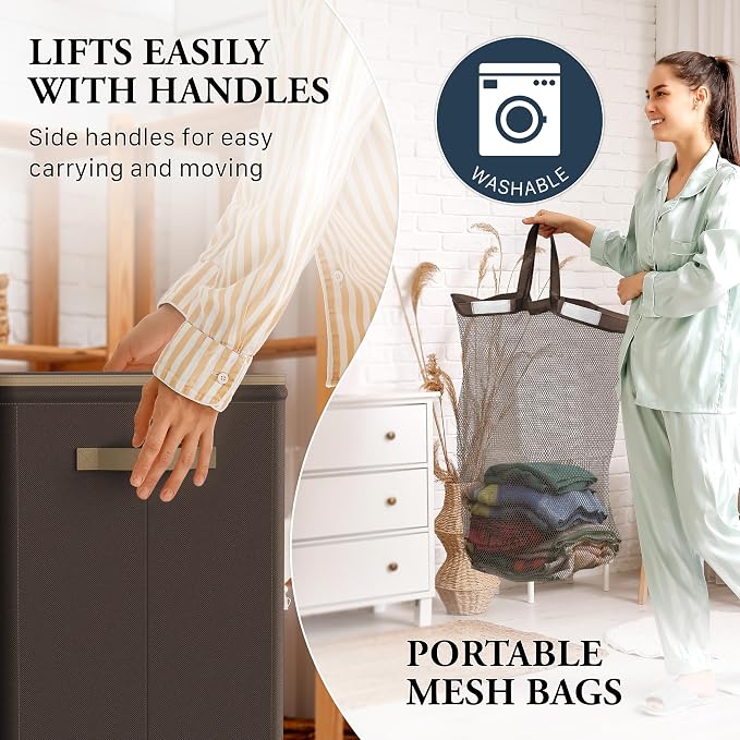 Simple Houseware Foldable Laundry Hamper Basket with Lid and Bag, Brown