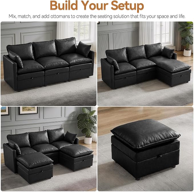 80" Storage Modular U-Shape Sofa Faux Leather with 2 Ottomans,Black