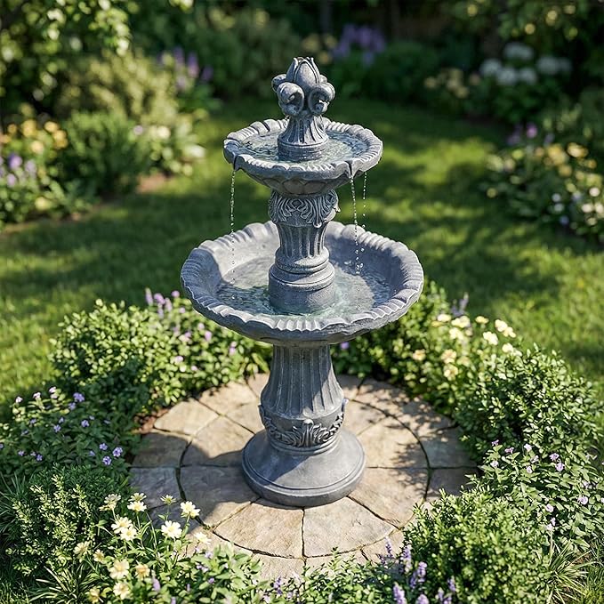 50-Inch Outdoor Water Fountain, 2-Tier Large Italian Cascading Resin Waterfall Fountain, Classic European Pedestal, Floor-Standing Water Feature for Garden, Patio, Backyard, Deck, Lawn in Gray