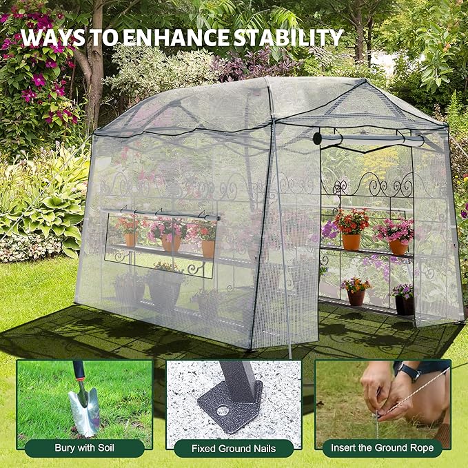 11 x 8.5 ft Pop-up Greenhouse, Walk-in Garden Green House, 4-Sided Ventilation, Heavy Duty Steel Frame, Weather-Resistant PE Cover for Indoor Outdoor with Zippered Doors