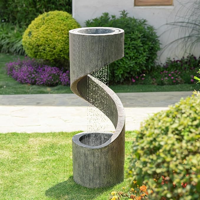 Glitzhome Outdoor Water Fountain, 40" H Polyresin Outdoor Fountain Spiral Shaped Waterfall Fountain with Pump and LED Lights, Modern Garden Fountain Water Feature for Patio, Backyard, Deck Decor