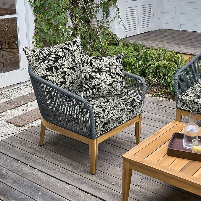 LVTXIII Outdoor/Indoor Deep Seat Cushion Patio Seat and Back Cushion Set All-Weather Replacement Chair Cushion for Wicker Chairs and Garden Furniture Decoration, 24"x24"x4", Tropical Leaf Black