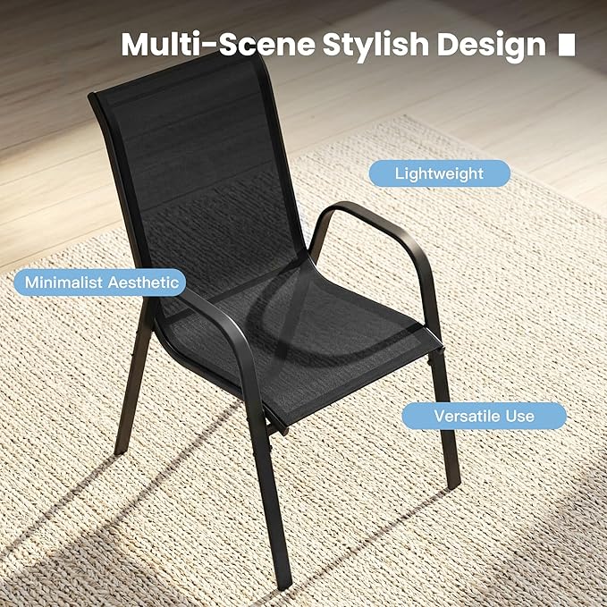 DIFY Patio Chairs Set of 4, Stackable Outdoor Dining Chairs Set with Breathable Textilene High Back and All-Weather Metal Frame for Garden, Backyard, Deck, Dark Grey