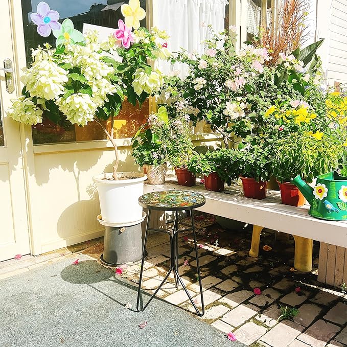 Mosaic Hummingbird Outdoor Side Tea Table, Glass Plant Tables Indoor Decorative Metal Patio Table, Outdoor Tables Unique Furniture - Weather-Resistant Patio Valentine's Day Decor