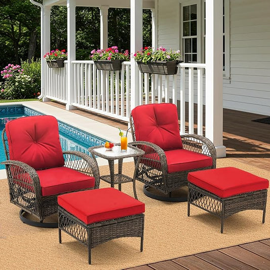 MELLCOM 5 Pieces Patio Furniture Set, Wicker Outdoor Furniture with Ottomans, Rocking Chairs and Glass Coffee Table, Outdoor Swivel Rocker Patio Chairs for Porch, Wine Red