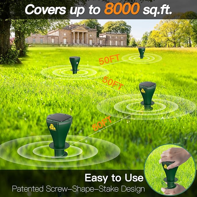 4 Pack Mole Repellent Solar Powered - Ultrasonic Gopher Deterrent Stake for Outdoor Lawns with Electic Vibration, Repels Snake Vole Groundhog Armadillo from Yard and Garden