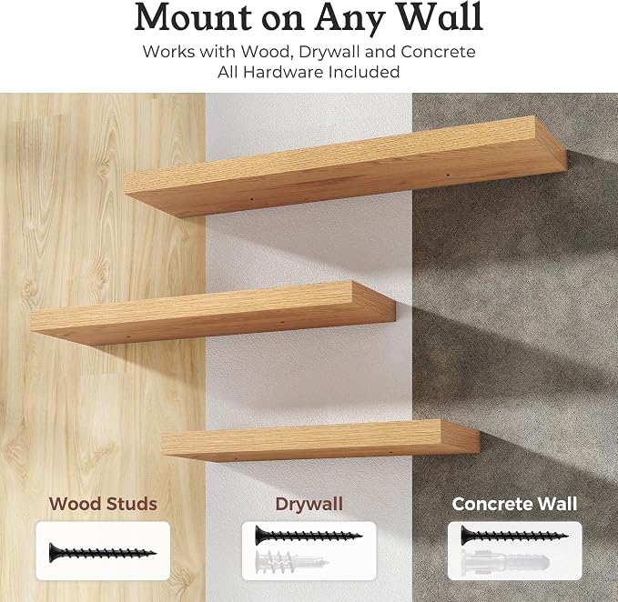 16" Natural Oak Color Floating Shelves Wood Wall Shelf, Set of 2 | Wall Mounted Wood Shelves, For Bathroom, Bedroom, Living Room, Kitchen, Hanging Shelf for Books/Storage/Room Décor