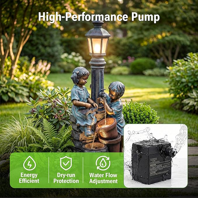 47-Inch Outdoor Water Fountain, 3-Tier Boy and Girl Resin Waterfall Fountain, with Soothing Water Sound & 3 Warm LED Lights, Home Decor for Garden, Patio, Yard, Deck or Lawn in Brown and Blue