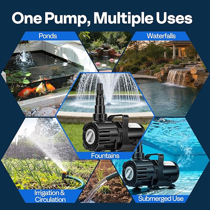 VIVOHOME 120W Adjustable Flow Submersible Water Pump, 800-2100GPH Stepless Flow Control, 16ft Max Lift, 180° Seamless Adjustable Nozzle and Barrier Pump Bag for Pond, Aquarium, Fountain, Waterfall