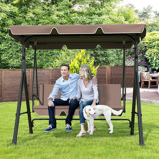 GARTOO 3-Seat Patio Swing Chair, Outdoor Porch Swing with Adjustable Canopy and Durable Steel Frame for Patio, Garden, Poolside(Brown)