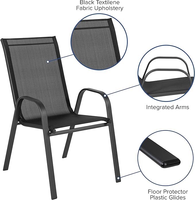 Flash Furniture Brazos Series Outdoor Stackable Patio Chairs with Flex Comfort Material, Stacking Outdoor Modern Sling Patio Chairs, Black (Pack of 4)
