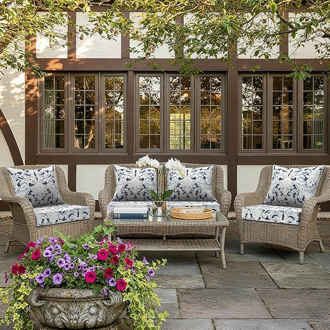 LVTXIII Outdoor Seat and Back Cushion Patio Deep Seat Cushion Set Seasonal Chair Cushion for Wicker Chairs and Garden Furniture Decoration, 22"x22"x4", Damask Lapis