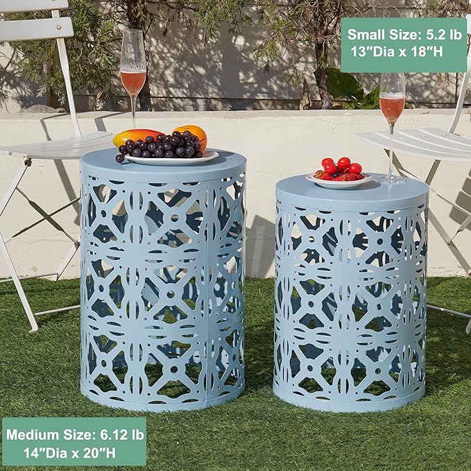 Y&M Set of 3 Stacking Coffee Table for Living Room, Patio Side Table,Indoor End Tables for Bedroom, Outdoor Decorative Garden Stool with Heavy Duty Metal Frame Modern Industrial Decor - Blue