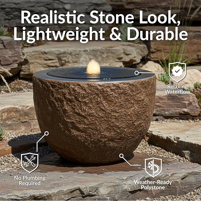 Sunnydaze Outdoor Water Fountain with LED Light - Polystone Oval Bowl Bubbler Water Feature with Pump - 13" H - for Patio, Garden, Deck, Relaxation and Stress Relief - Brown