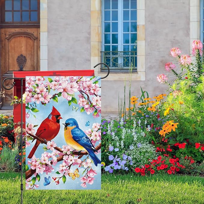 Heyfibro Spring Summer Cardinal Garden Flag 12x18 Double Sided Burlap, Bluebird & Cherry Blossom Flower Yard Banner for Rustic Seasonal Outdoor Decoration (ONLY FLAG)