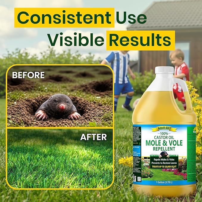 Nature's MACE Mole and Vole Mace, Mole Deterrent for Yard, 1 Gallon, 100% Pure Castor Oil, Lawns, Mole Repellent, Stop Tunneling, Mole Remover Treatment, Castor Oil Repellent, People, Pet, Plant Safe