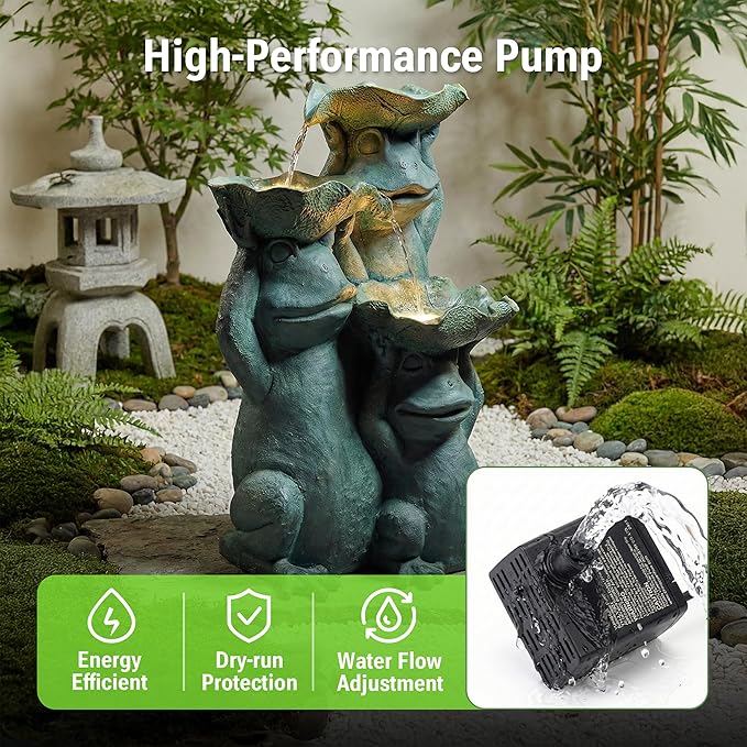 26-Inch Outdoor Water Fountain, 3-Tier Funny Stacked Frogs Statue Resin Waterfall Fountain with 2 LED Lights, Cascading Water Feature for Garden, Patio, Yard, Deck, Lawn, Porch in Green