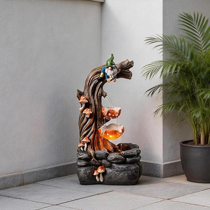 Tolevoit Gnome Outdoor Water Fountain with Warm LED Lights, Cascading Mushroom Waterfall on Tree Stump, Whimsical Garden Decor & Yard Art for Patio, Lawn, Porch and Indoor Tabletop