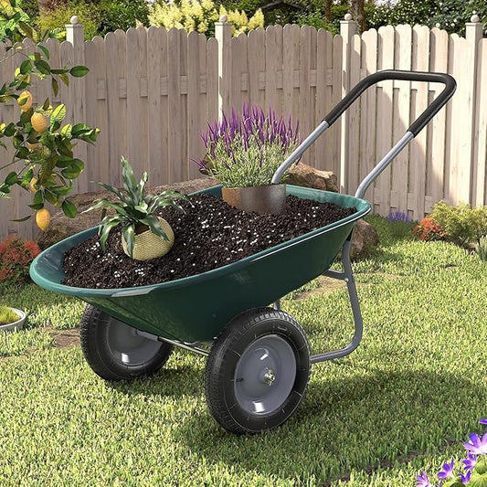 ARNOT Enlarged Dual-Wheel Wheelbarrow, Easy Loading and Dumping Garden Cart, Heavy Duty Utility Dump Cart for Lawn, Yard, Farm, Gardening & Planting, Green