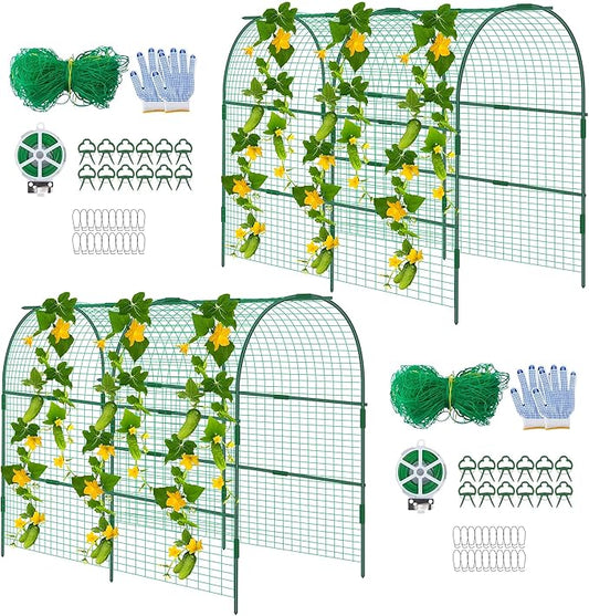 codree 2 Packs Garden Cucumber Trellis for Plant- 47 x 47 Inch Metal Arch Melon Trellis for Raised Bed- Foldable Tunnel Trellis with Climbing Net Clips for Growing Vine Vegetable