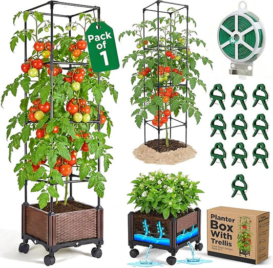 1 Pack Self Watering Tomato Planter with Trellis 64 Inch, Raised Garden Bed with Trellis - Planter Box for Climbing Plants, Tomato Pot for Vegetables, Vine Flowers, Indoor, Outdoor, Patio