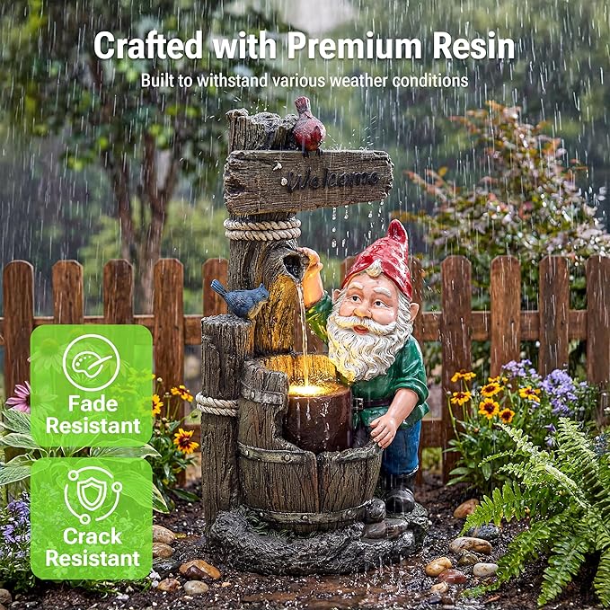 27-Inch Outdoor Water Fountain, 2-Tier Garden Gnomes Statue Resin Waterfall Fountain with Welcome Sign & Bird Accents & LED Light, Home Decor for Lawn, Patio, Porch, Backyard, Enterway in Brown